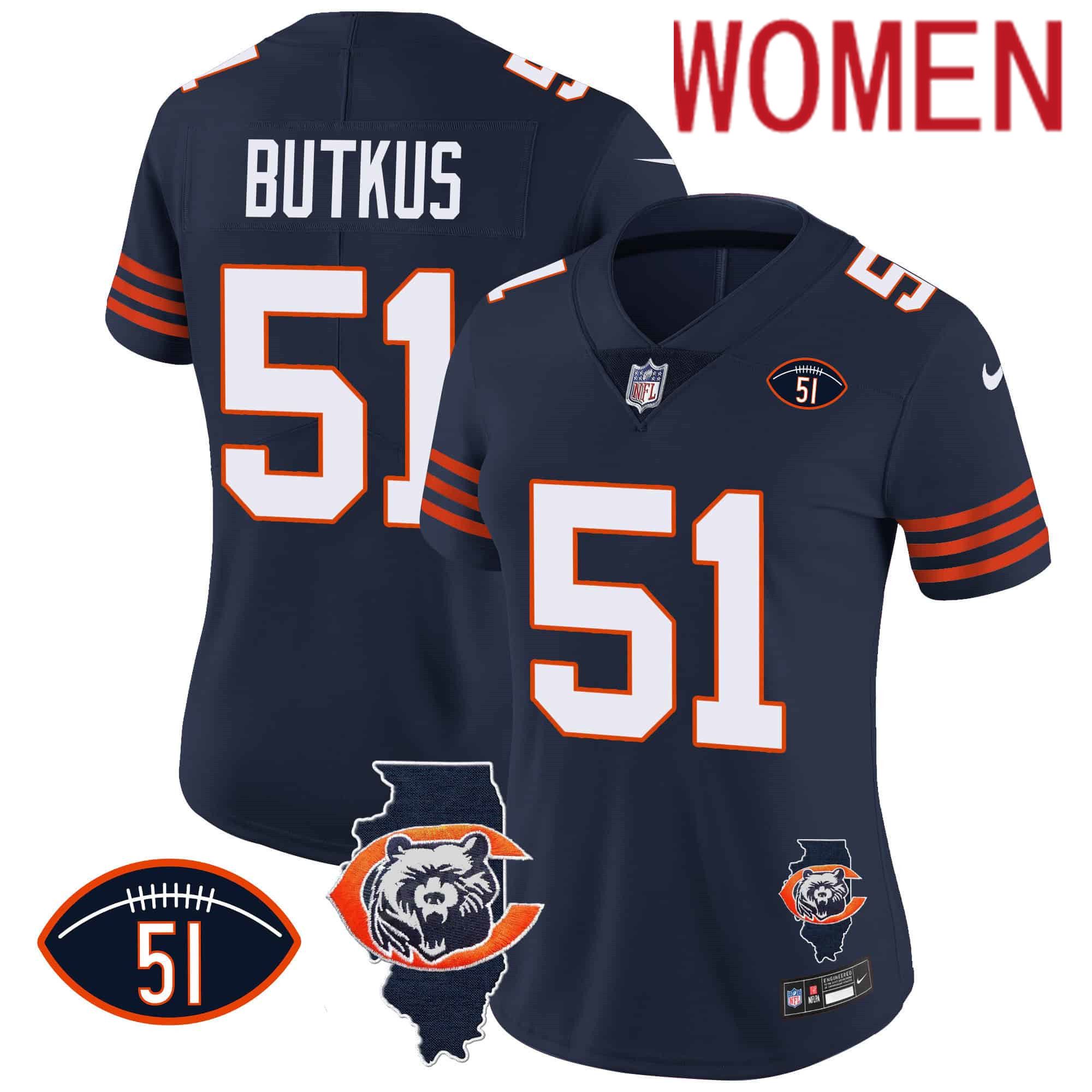 Women Chicago Bears 51 Butkus Blue 2024 Nike Throwback Illinois Patch Vapor NFL Jersey style 1